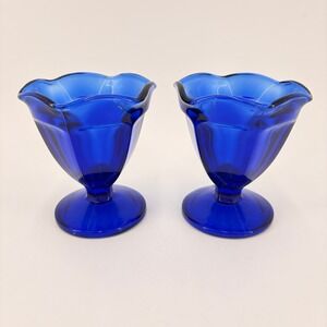 Anchor Hocking Cobalt Blue Glass Footed Sherbet Dessert Cups Scalloped Set of 2